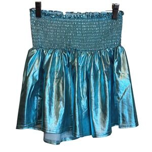 Peach Love California Womens Metallic Smocked Skater Y2K Mini Skirt Blue Small
